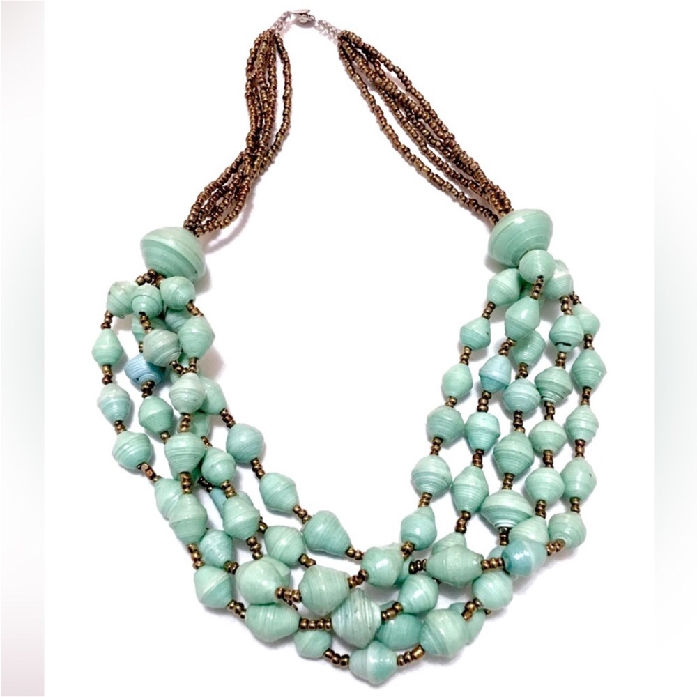Teng Yue Vintage Rolled Paper Glazed Glass Greenish Blue Necklace